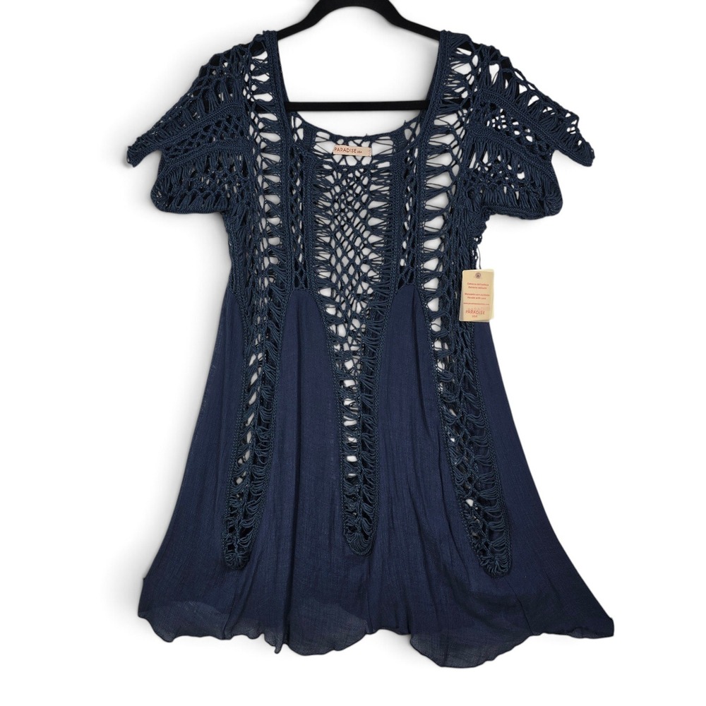 Paradise USA Dress Women Small Crochet Boho Navy Blue Open Knit Short Sleeve NEW